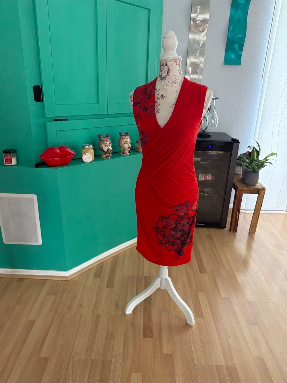 Desigual Red Floral Wrap-Front Sheath Dress